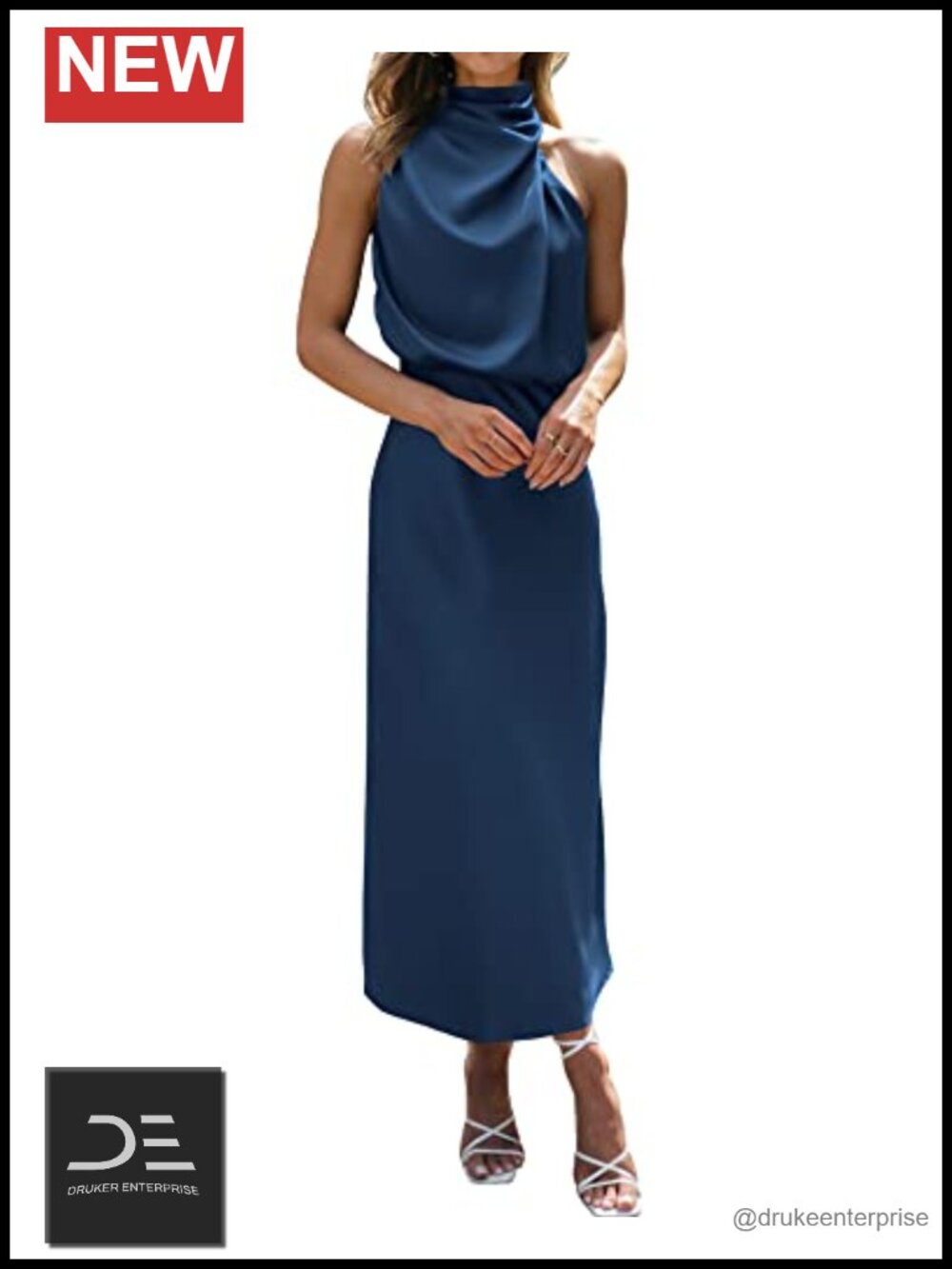 Satin Mock Neck Sleeveless Maxi Dress Keyhole Back High Waist Formal